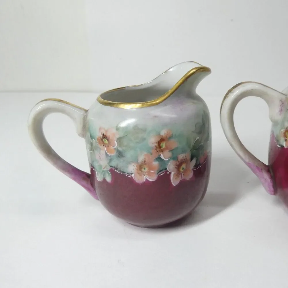 Creamer & Sugar Bowl Vintage Porcelain Floral Handpainted Signed Occupied Japan